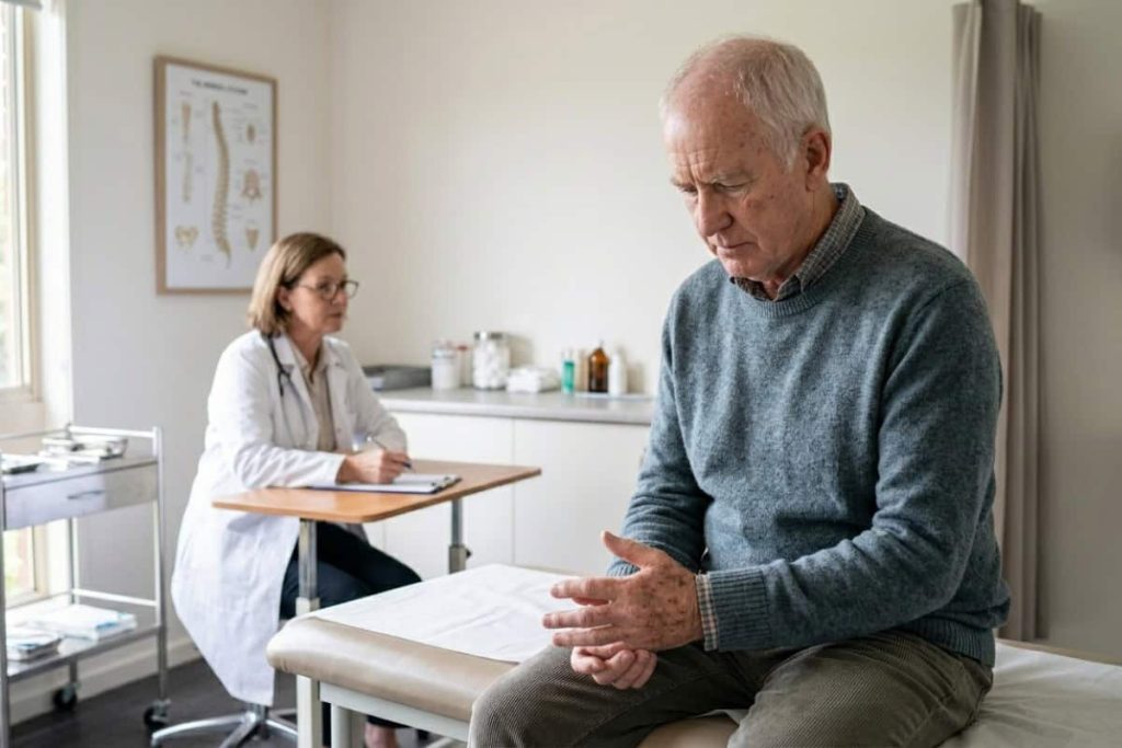 pre-existing-condition-and-accident-injury-claim - Truskett Law Older man sits on an examination table, looking down at his hands as a doctor notes at a nearby desk in a clinic.