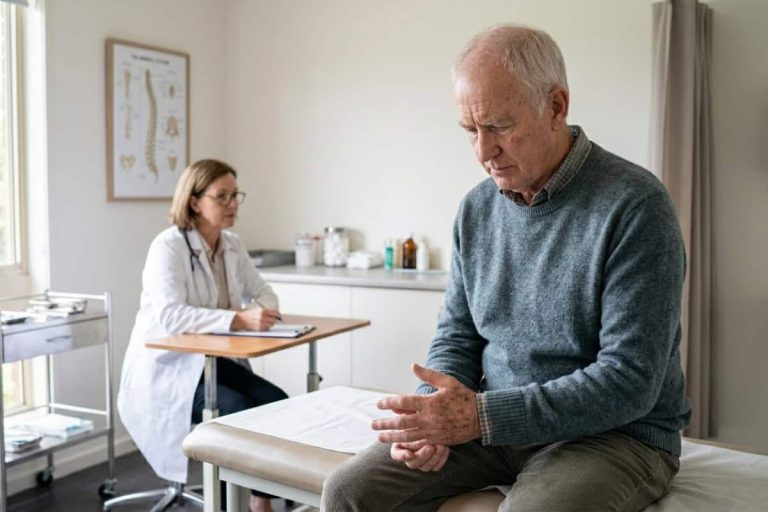 Older man sits on an examination table, looking down at his hands as a doctor notes at a nearby desk in a clinic.