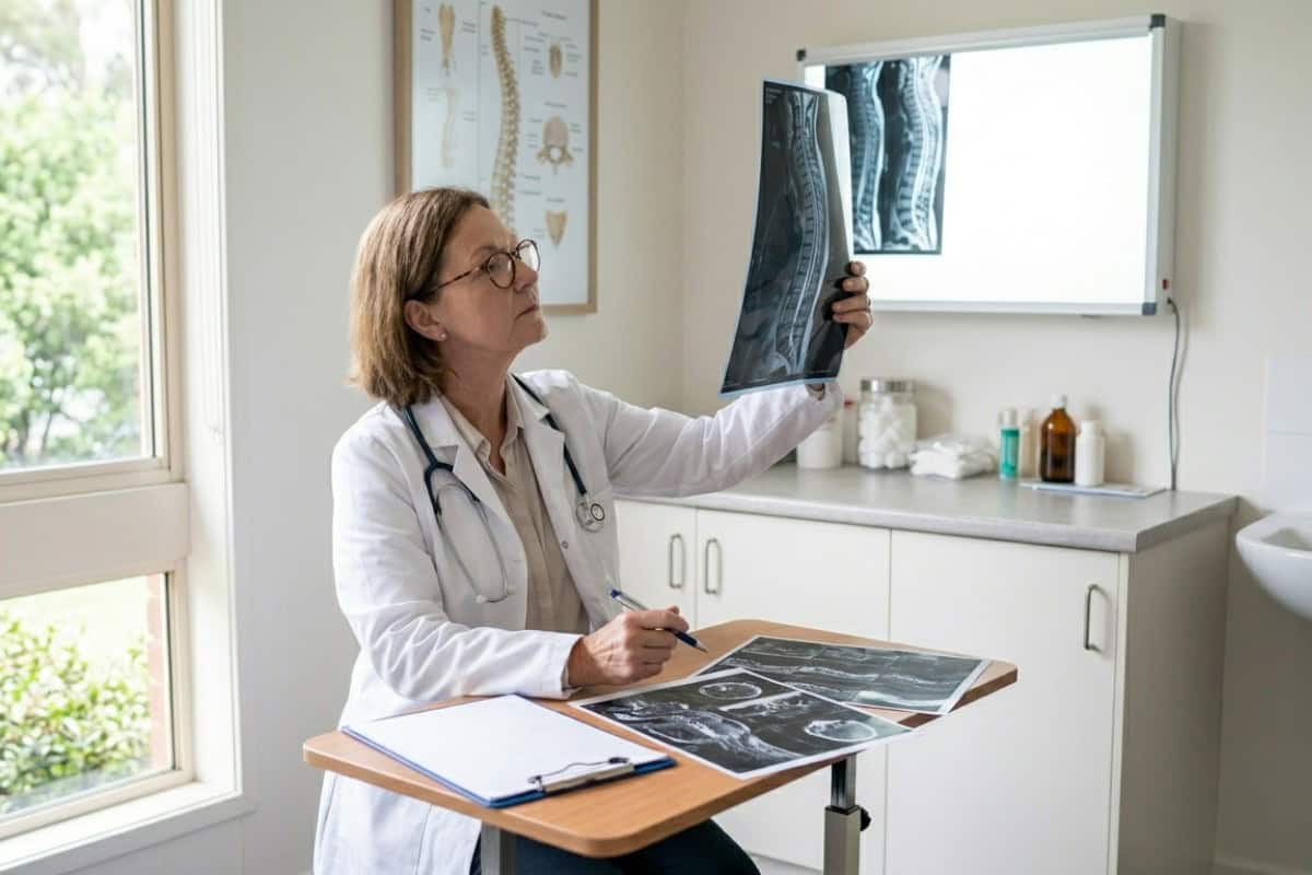 - Truskett Law Female doctor in a white coat holds a spine X-ray up to light while reviewing images in a bright clinic with a desk and clipboard nearby