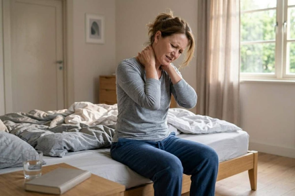 Woman sitting on a bed in a bright bedroom, clutching her neck in pain.