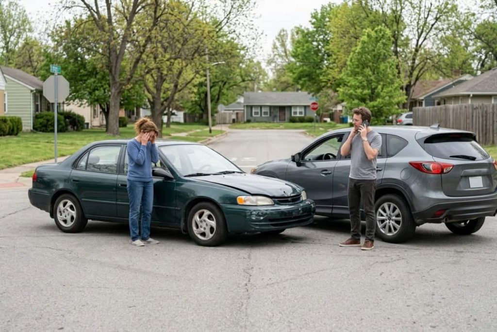Woman standing beside a dented green sedan on a quiet street, covering her face in distress while a man on his phone stands near a gray SUV, suggesting a crash aftermath in a suburban neighborhood.