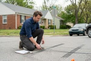 Man crouching on a residential street, measuring a long crack in the pavement with a tape measure and clipboard nearby.