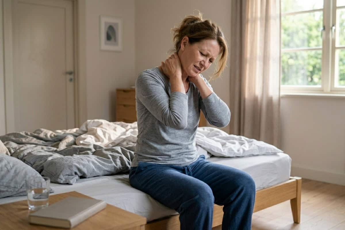 Woman sitting on a bed in a bright bedroom, clutching her neck in pain.