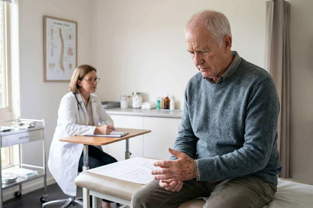 Older man sits on an examination table, looking down at his hands as a doctor notes at a nearby desk in a clinic.
