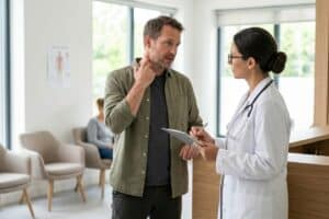 what-to-do-right-now - Tulsa Personal Injury Lawyer | Truskett Law Man speaks with a doctor in a clinic, doctor holds a clipboard and notes while the man touches his neck.