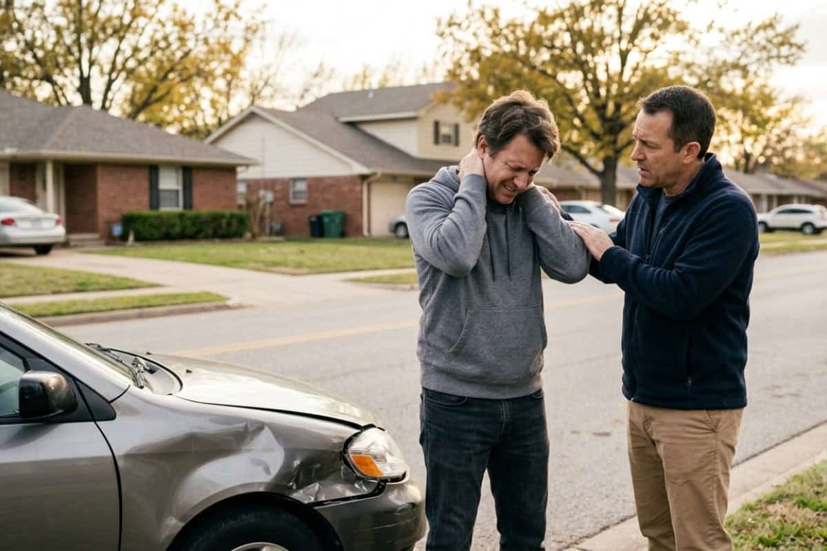 Two men on a suburban street by a dented gray car; one man looks distressed while the other offers comfort with a hand on his shoulder