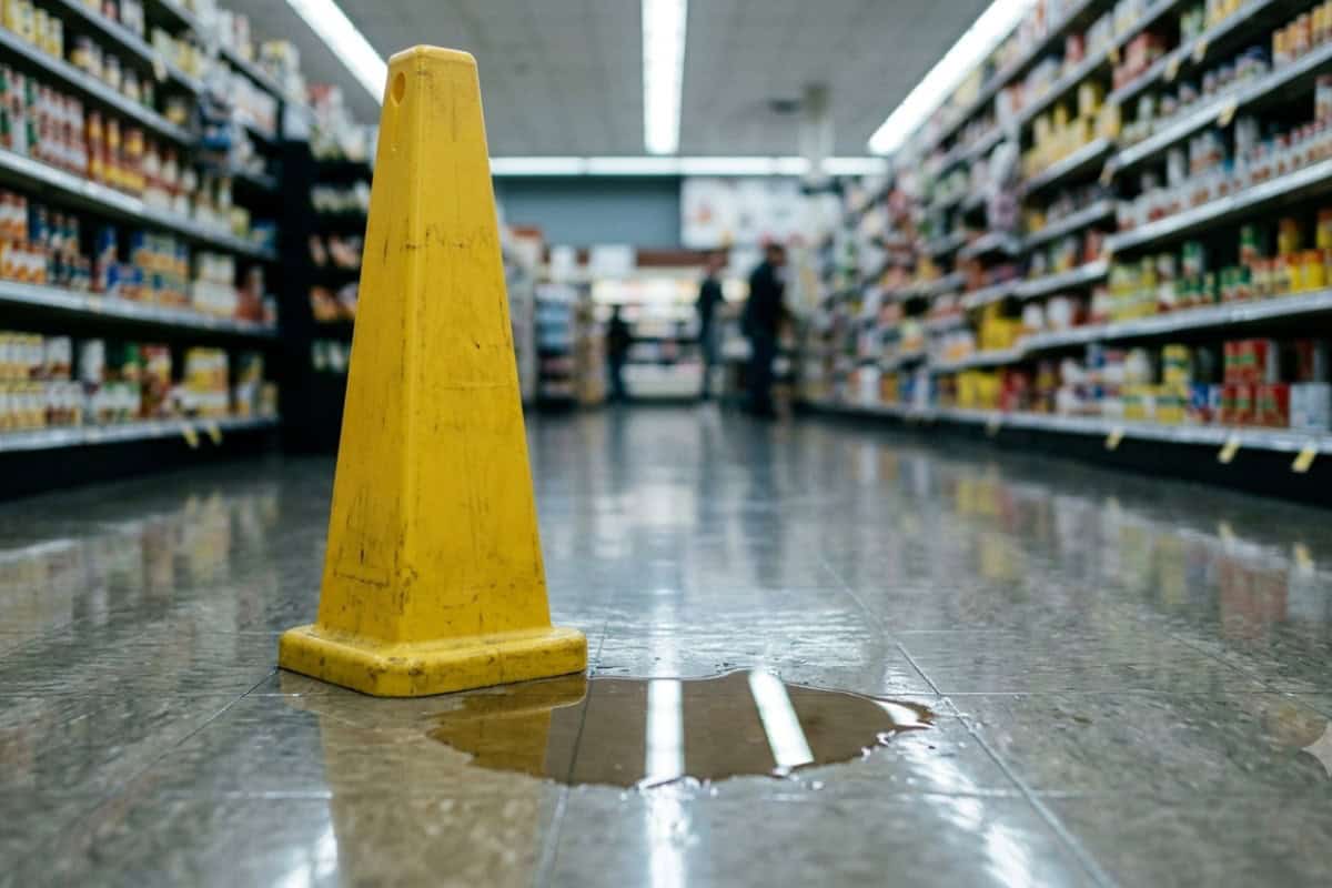 Yellow caution cone on a wet supermarket floor with a puddle; shelves and blurred shoppers in the background.