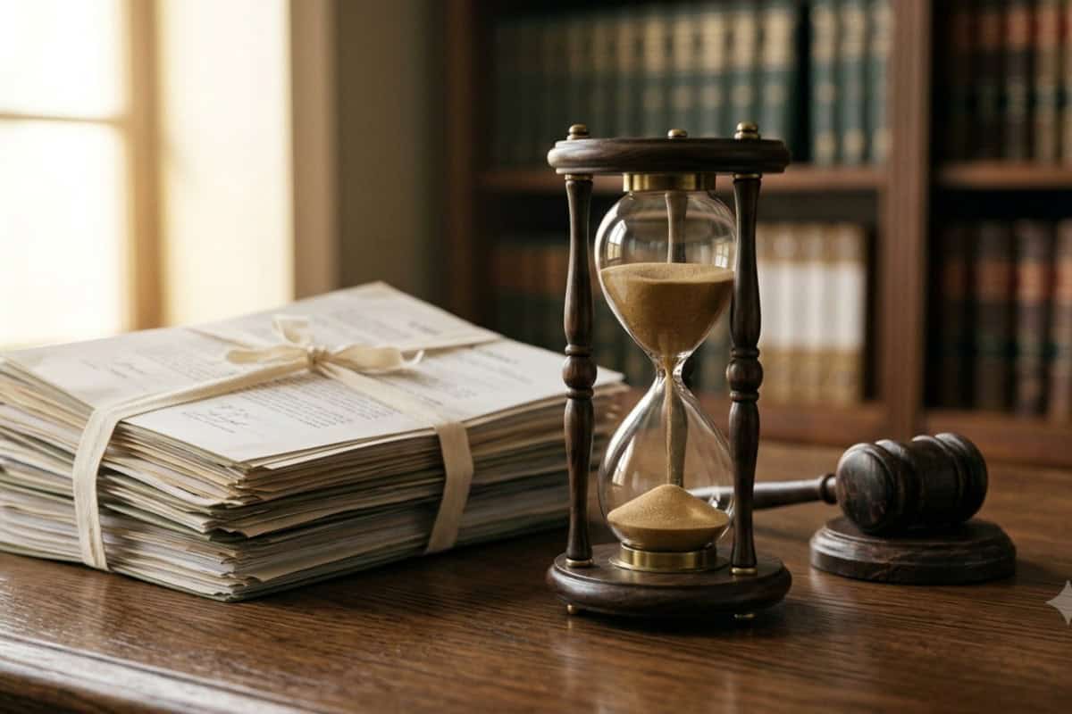Hourglass and gavel beside a stack of legal papers on a wooden table in a library