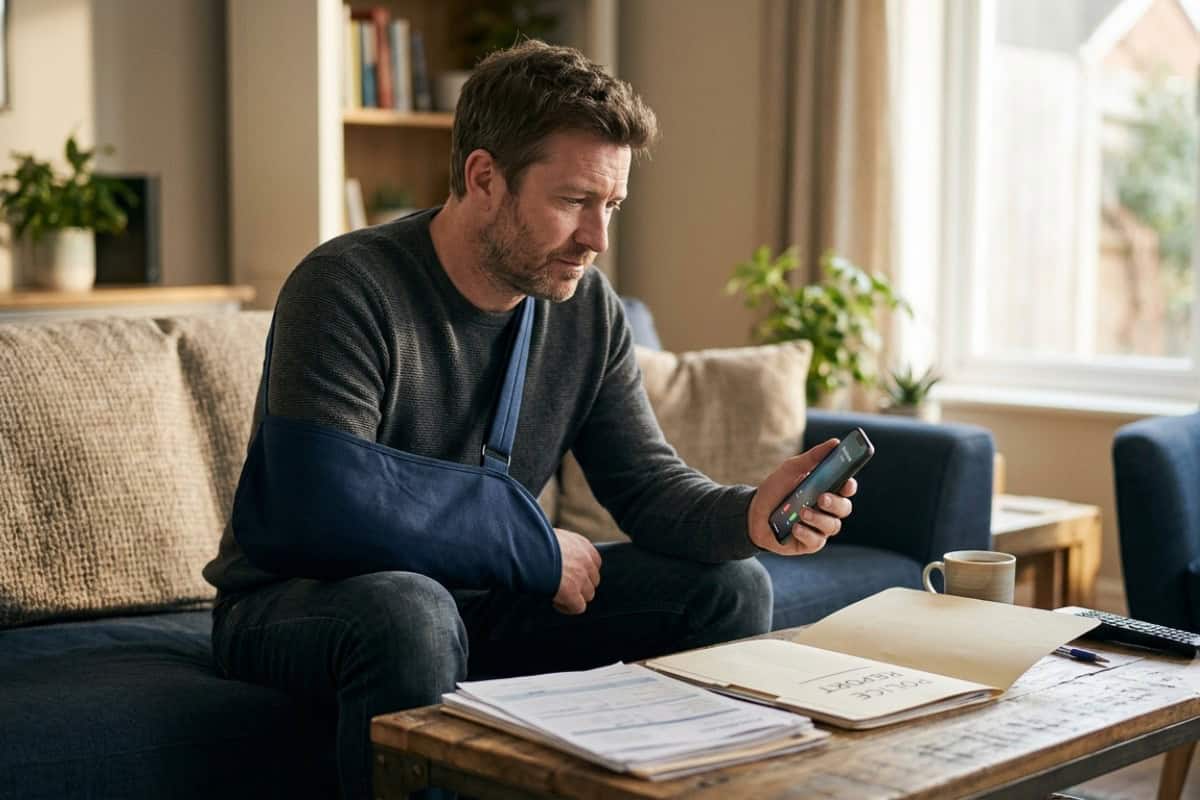 Man with a blue arm sling sits on a sofa at home, looking at his smartphone with papers on a coffee table nearby.