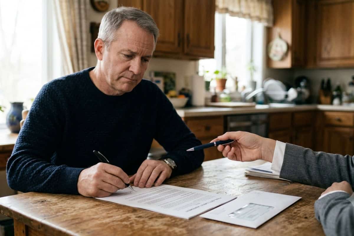 Man signs a document at a wooden kitchen table while another person offers a pen for signing, indoors in natural light.