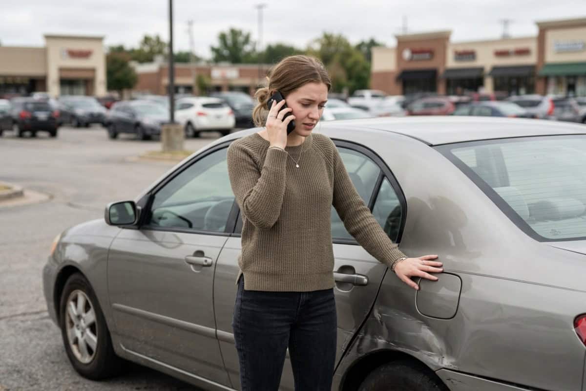 Woman in brown sweater talks on a phone beside a dented silver car in a parking lot.