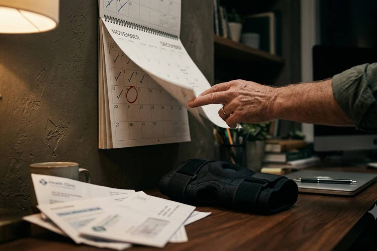 Person flips a wall calendar to November, showing checked dates and a circled day, on a cluttered desk with a wrist brace, papers, mug, and tablet nearby