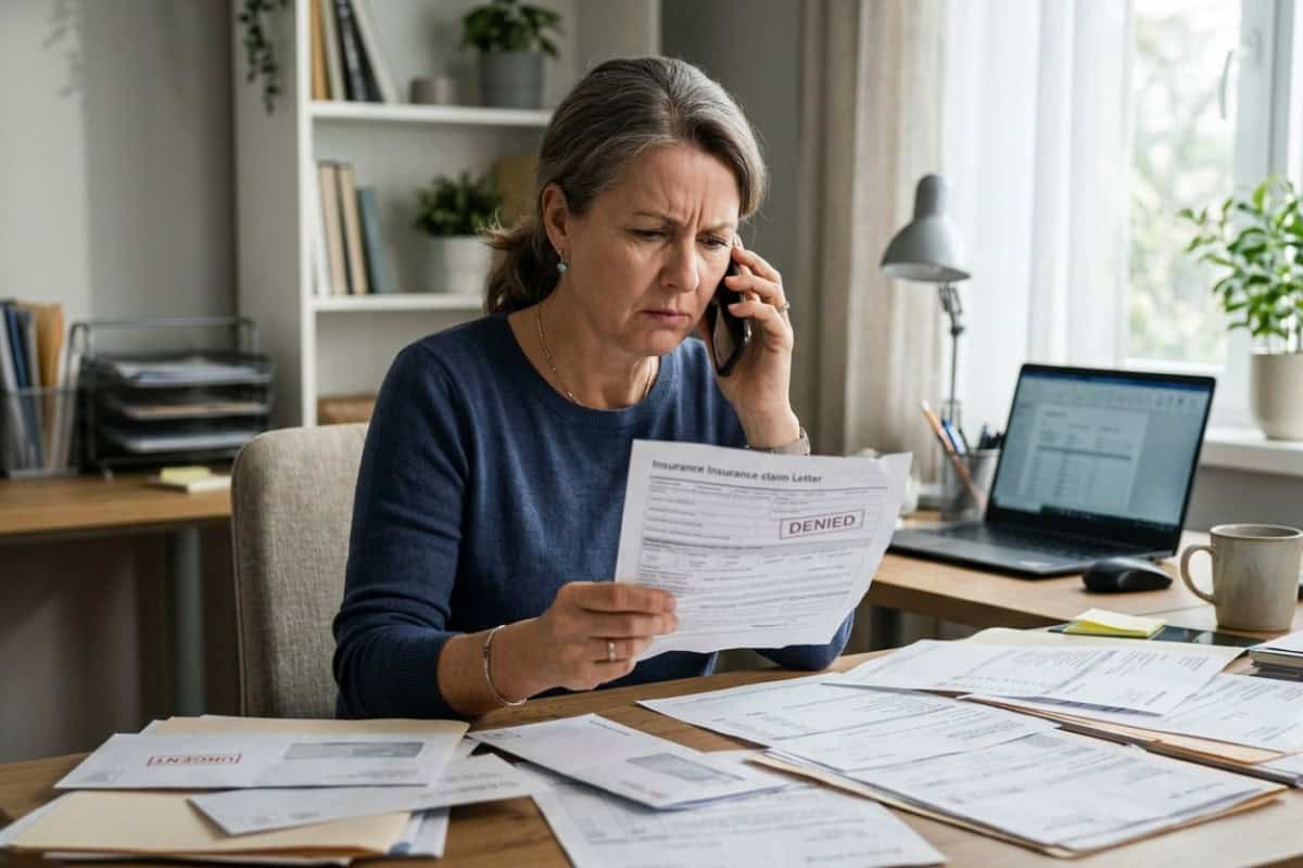 Woman on a phone at a home office, reading a denied insurance claim letter amid scattered papers on the desk.