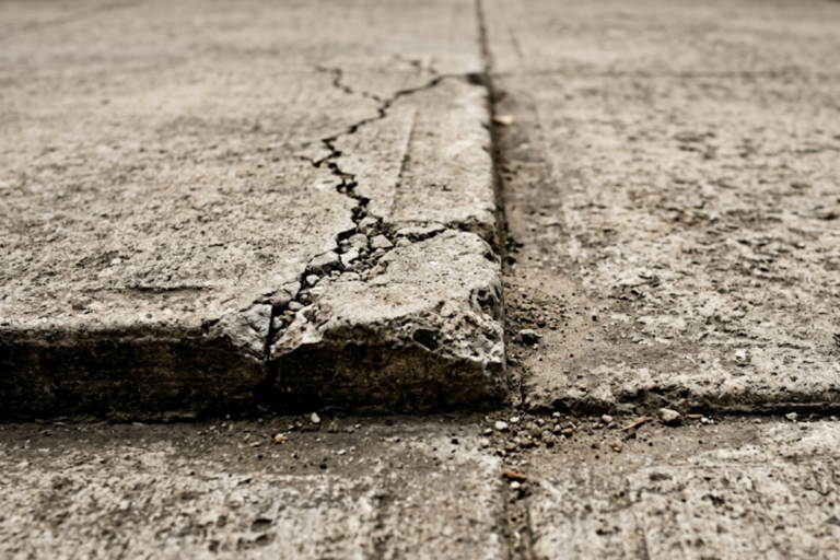 Close-up of a cracked concrete sidewalk with a chipped edge and scattered rubble along the joint.