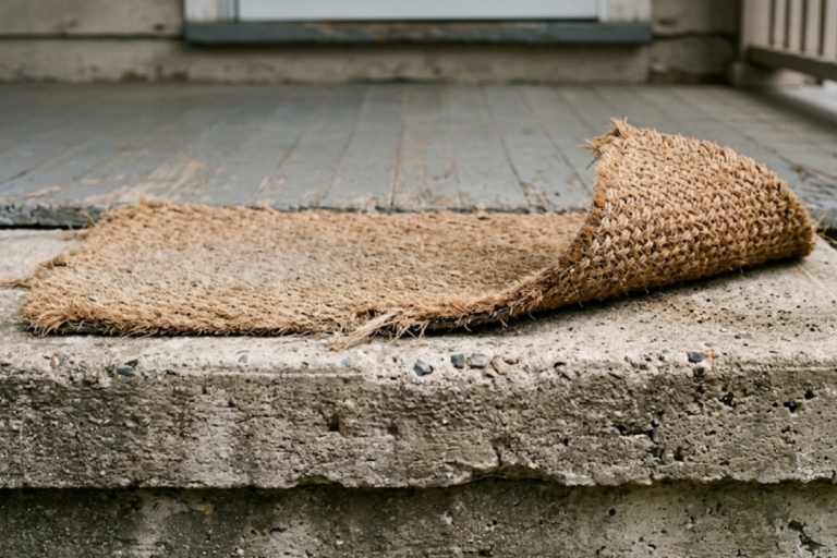 Coir doormat partially rolled up on a weathered concrete doorstep with a wooden porch in the background