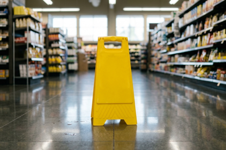 Yellow wet-floor caution sign placed in a supermarket aisle, warning customers of a slick floor.