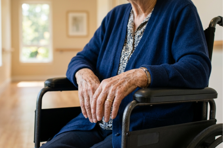 Close-up of an elderly person's hands resting on the armrests of a wheelchair, wearing a blue cardigan in a bright indoor setting.