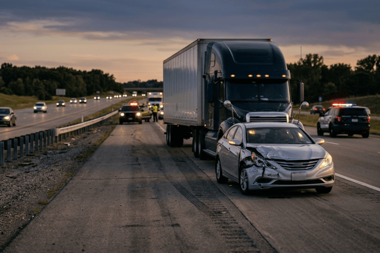 Semi-truck stopped behind a damaged sedan on a highway with police vehicles nearby