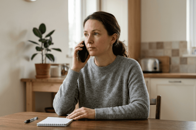 Woman on the phone at a kitchen table with a notepad after a car accident